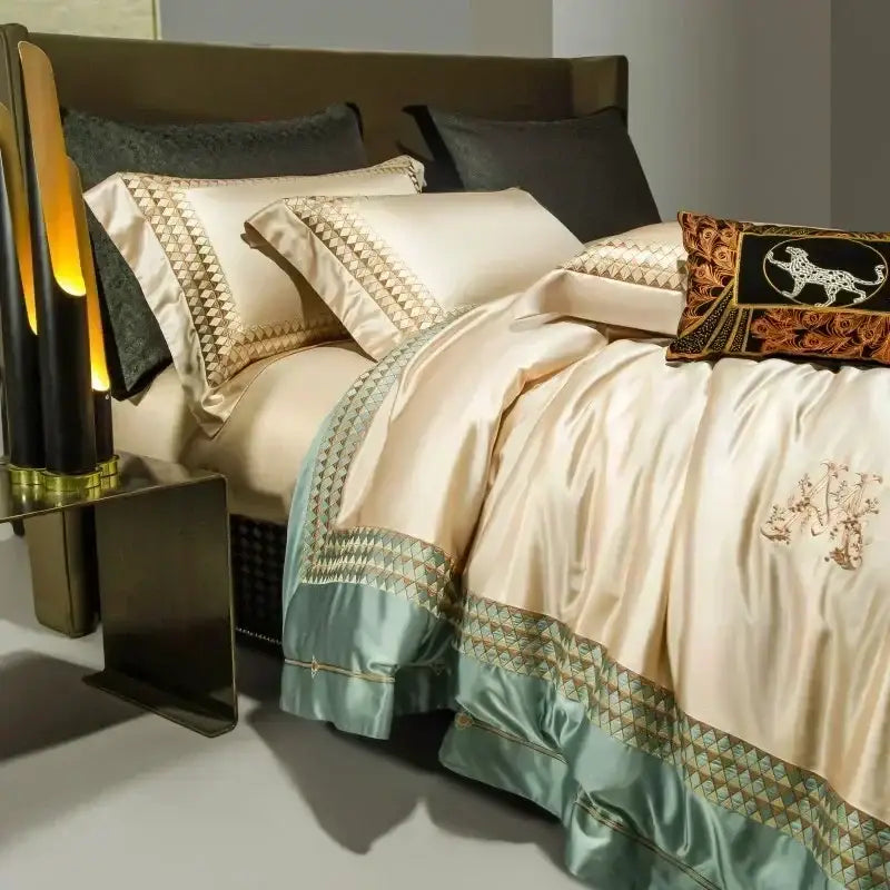 Elegant cream & teal 1200tc egyptian cotton bedding set bedroom