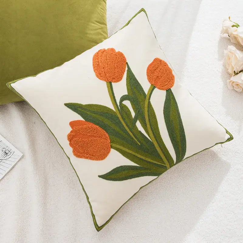 Embroidered flower pillowcase cover cream tulip living room decor