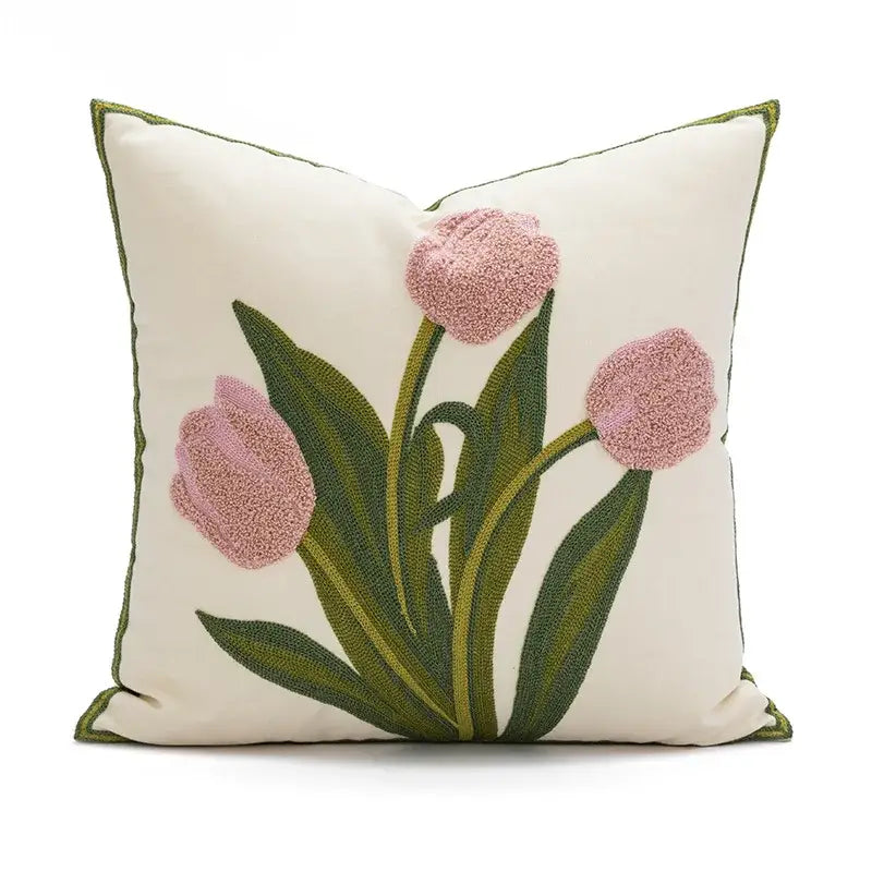 Embroidered flower pillowcase cover cream tulip living room decor