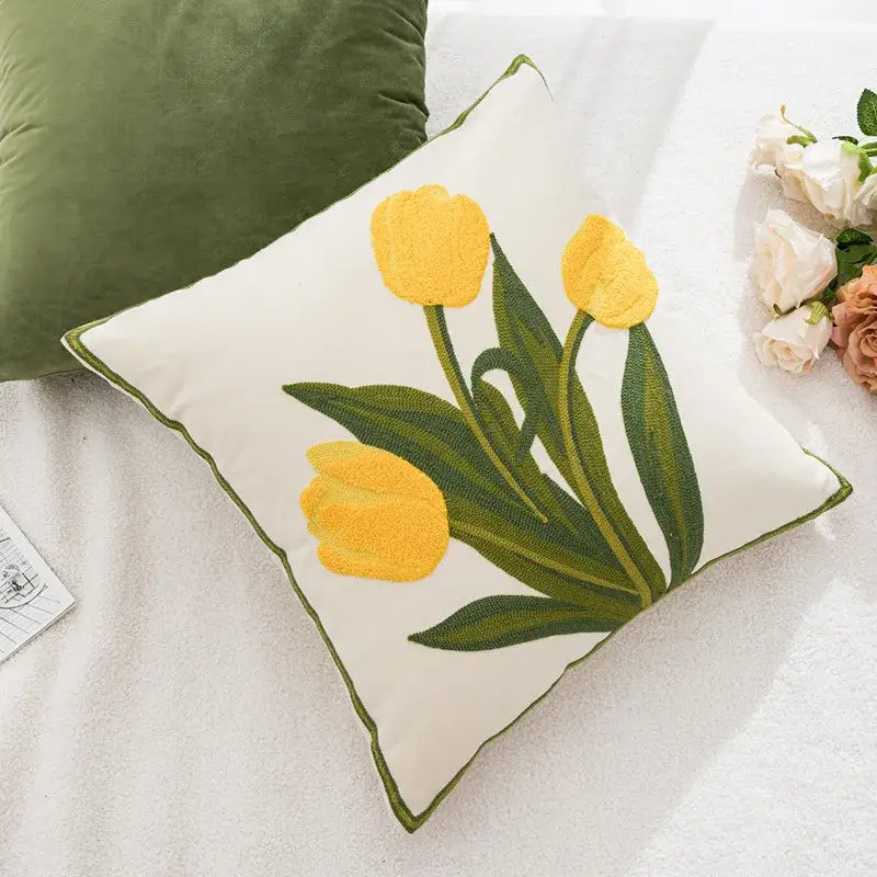 Embroidered flower pillowcase cover cream tulip living room decor