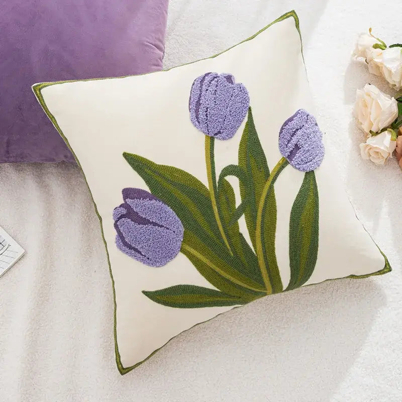 Embroidered flower pillowcase cover cream tulip living room decor