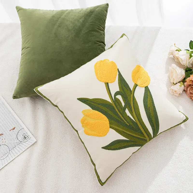 Embroidered flower pillowcase cover cream tulip living room decor