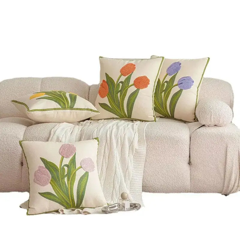 Embroidered flower pillowcase cover cream tulip living room decor