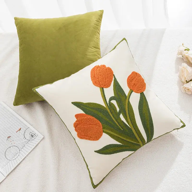 Embroidered flower pillowcase cover cream tulip living room decor