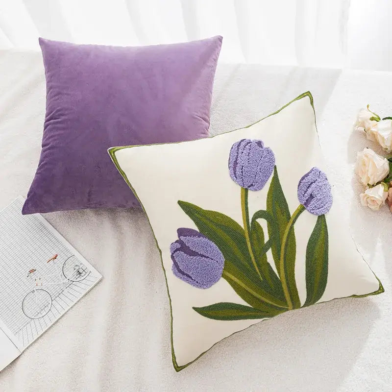 Embroidered flower pillowcase cover cream tulip living room decor