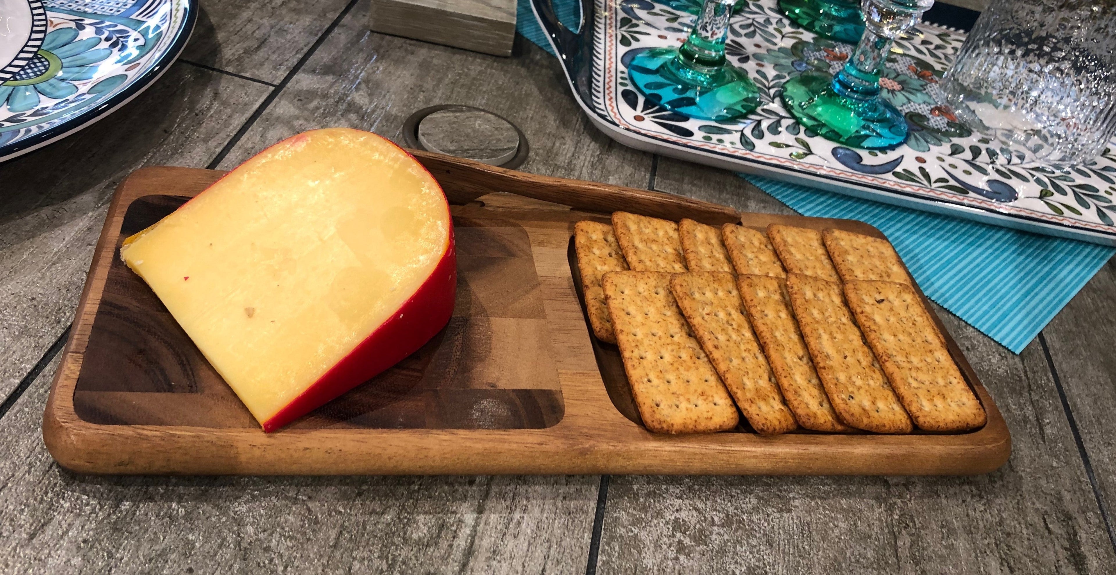 End Grain Cheese Board With Acacia Knife, Grooved Double Section Serving Board