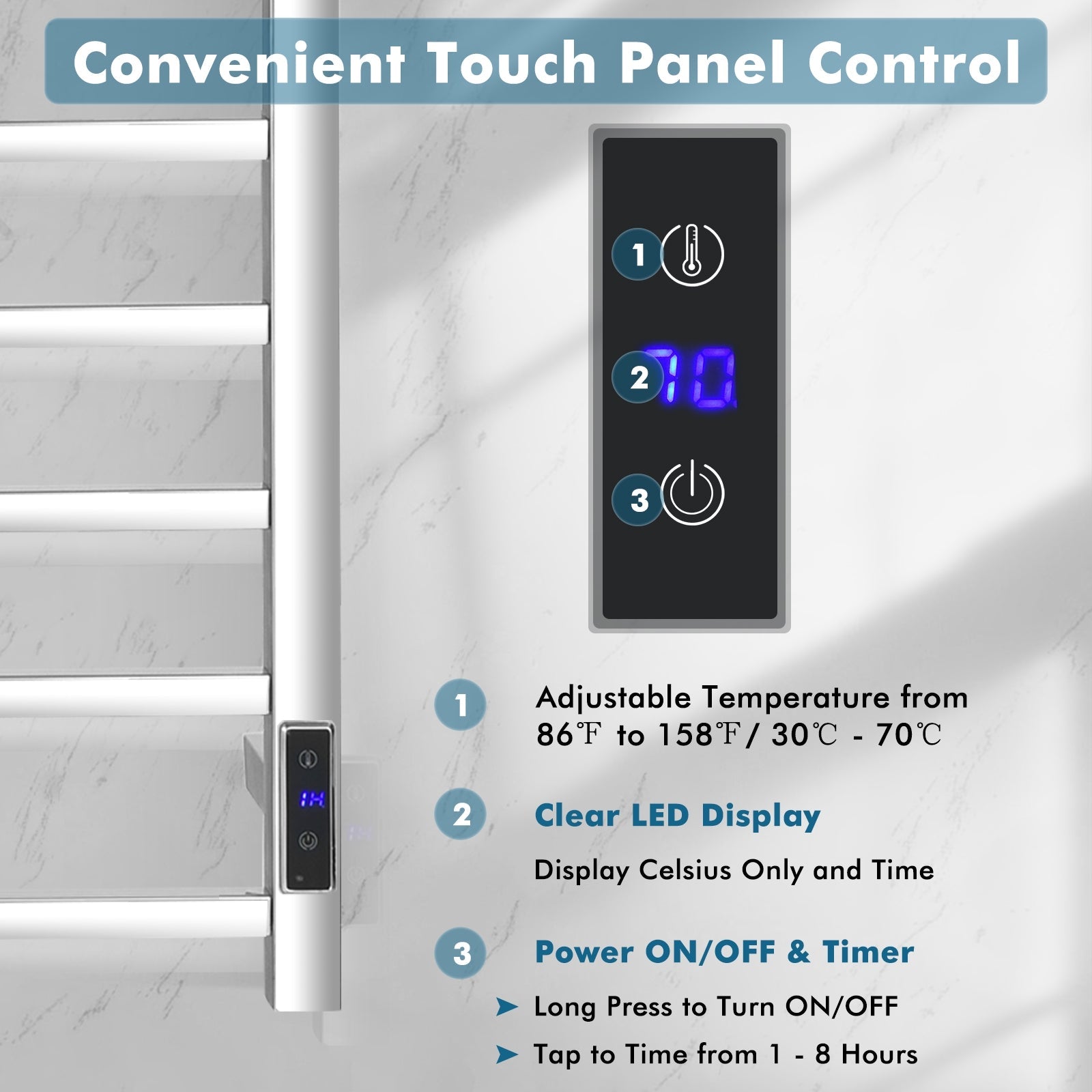 10 Bar Towel Warmer Wall Mounted Electric Heated Towel Rack with Built-in Timer-Silver
