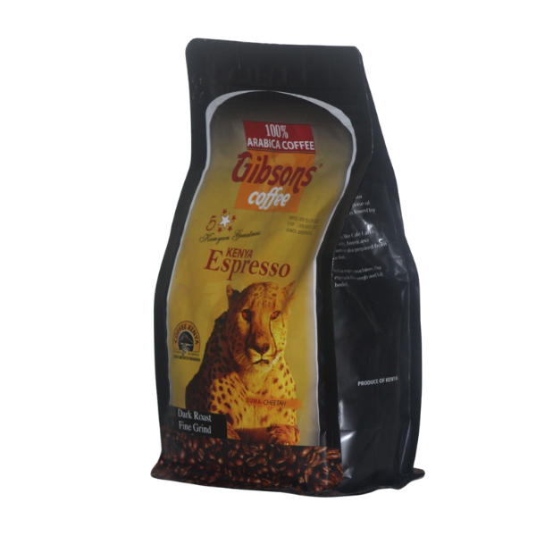 Gibsons Kenya Espresso Whole Bean Coffee angled front package display