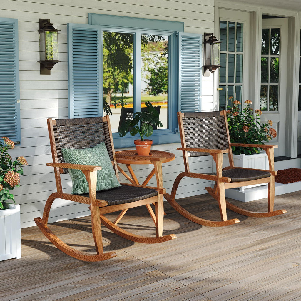 Outdoor Rocking Chair Acacia Wood Wicker Dark Brown Set 2