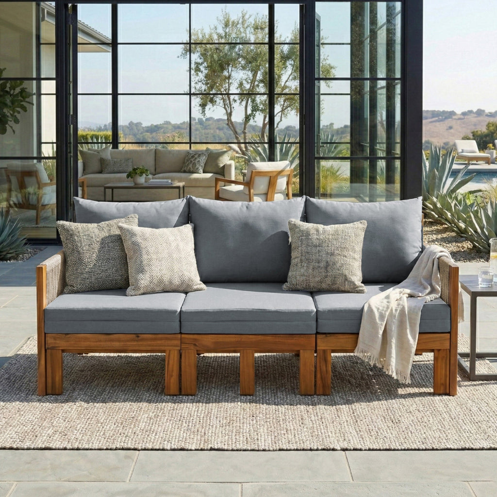 Chaise Lounge Acacia Wood Rope Natural Gray Cushion Convertible 3 Seat