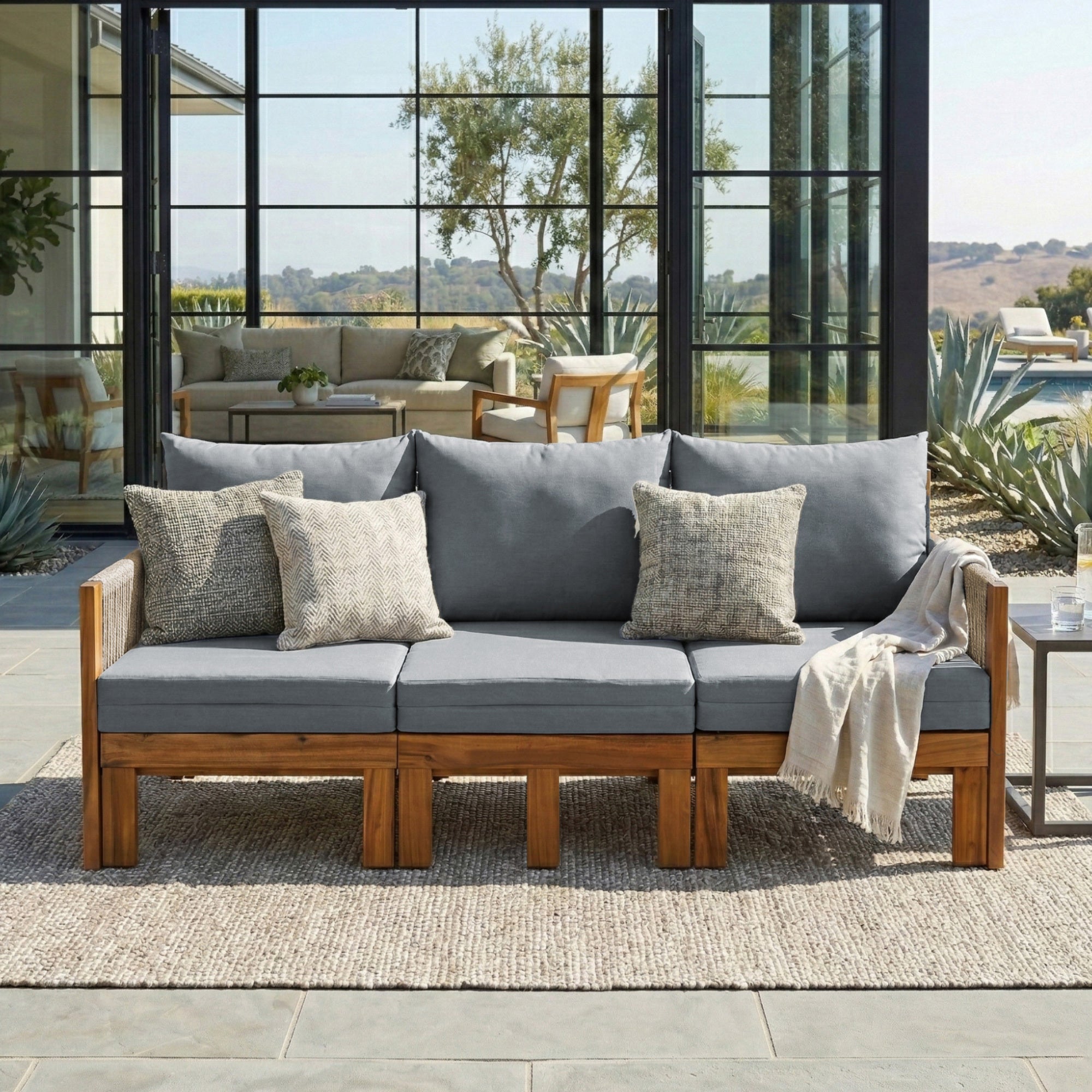 Chaise Lounge Acacia Wood Rope Natural Gray Cushion Convertible 3 Seat