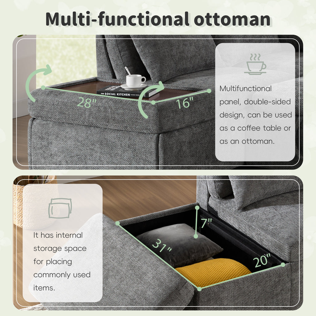 Sofa Bed L-Shape Chenille Gray 6 Seat Pull-Out USB Ports 107 In