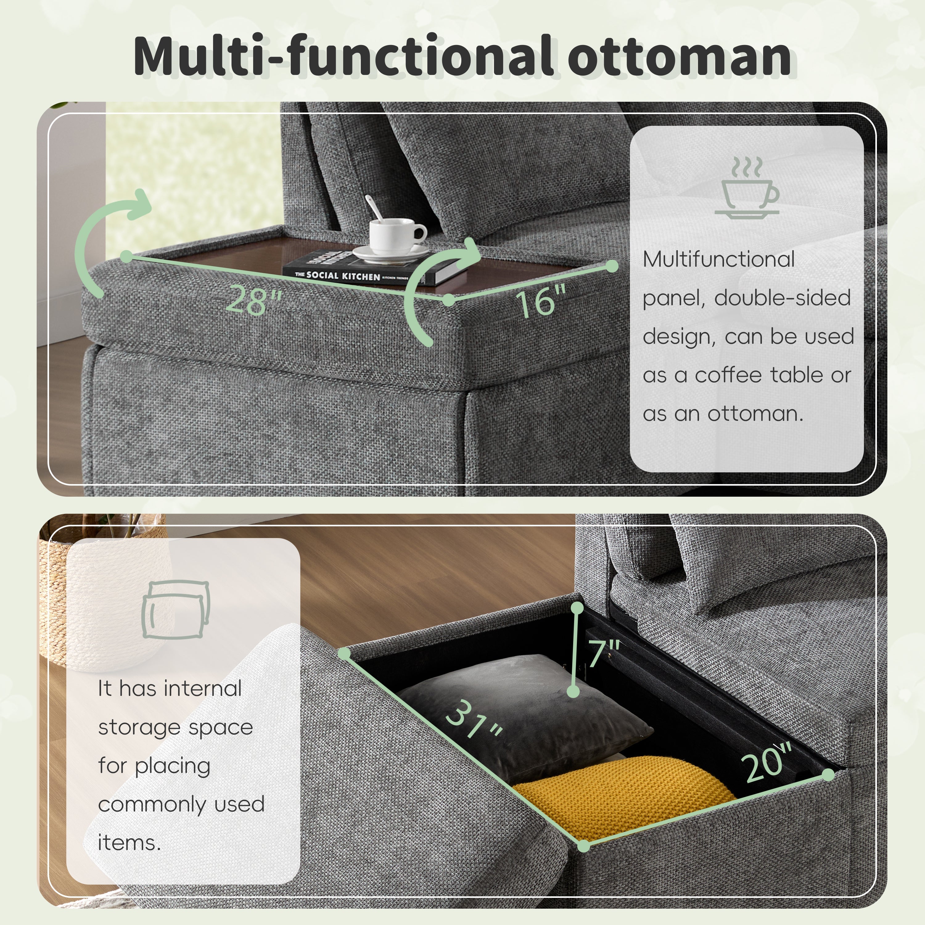 Sofa Bed L-Shape Chenille Gray 6 Seat Pull-Out USB Ports 107 In