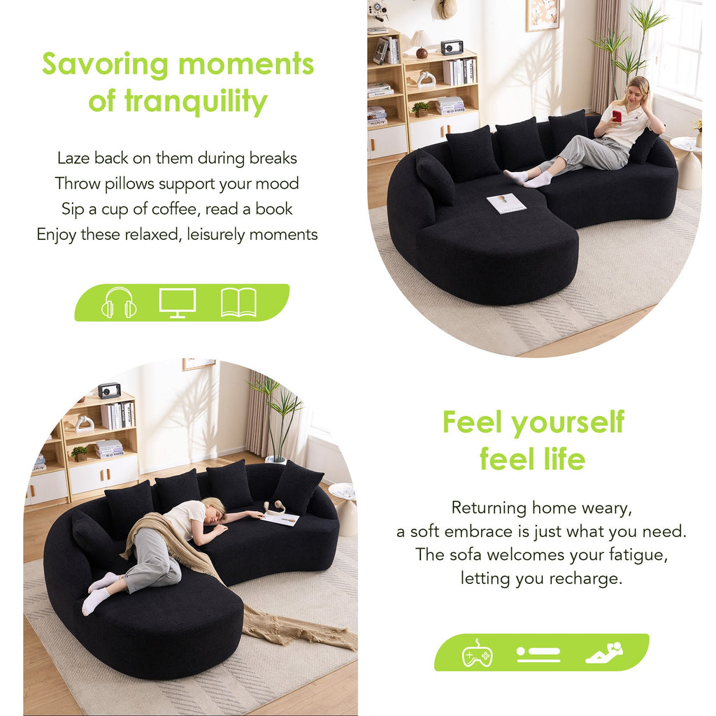 Sectional Sofa L-Shape Curved Chaise Chenille Black 5 Seat 106 In