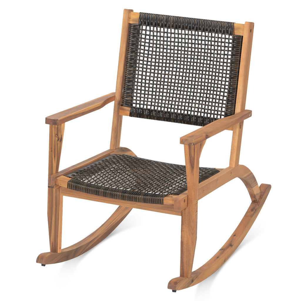 Outdoor Rocking Chair Acacia Wood Wicker Dark Brown Set 2