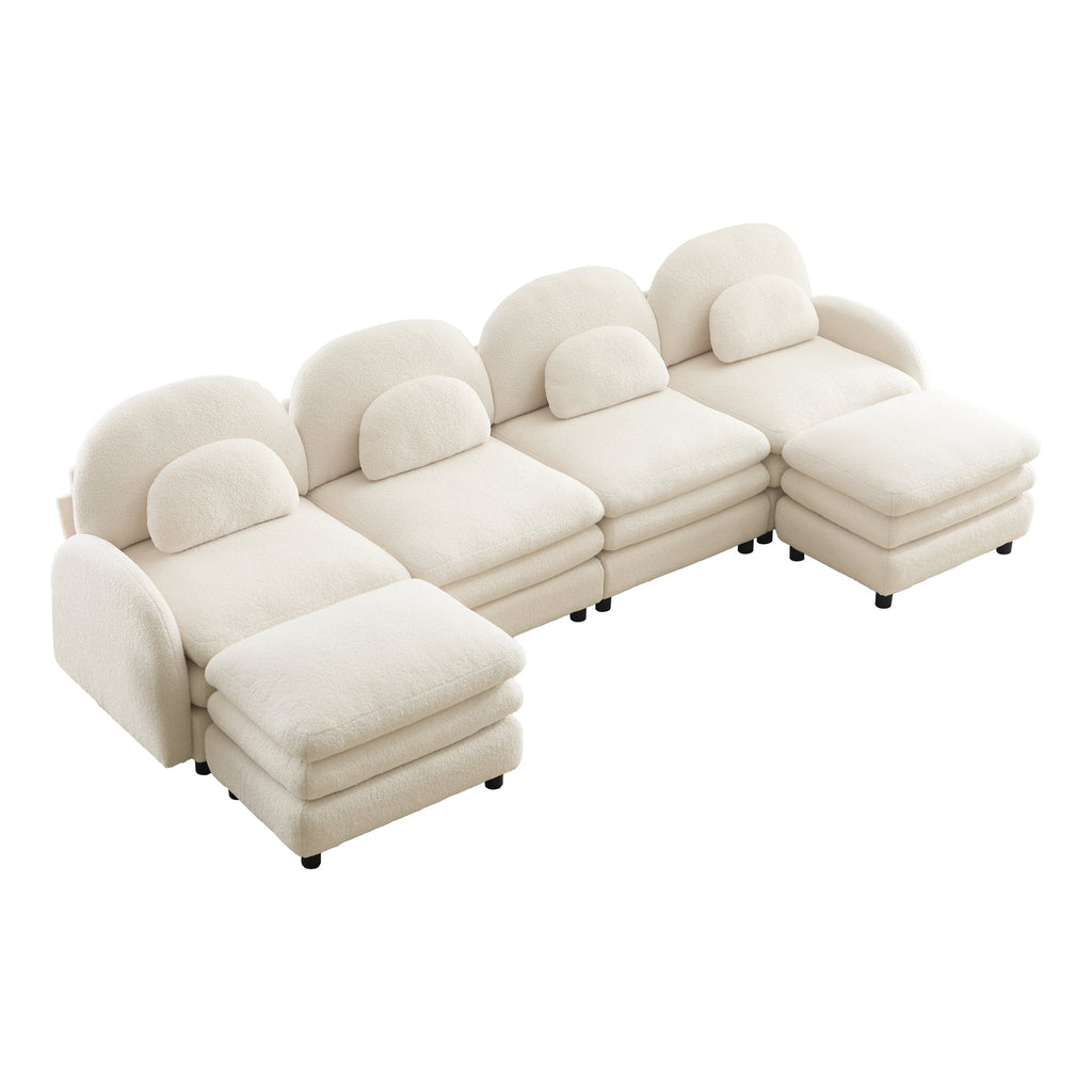 Sectional Sofa Modular Teddy Fleece Beige 4 Seat Curved Back with Ottomans
