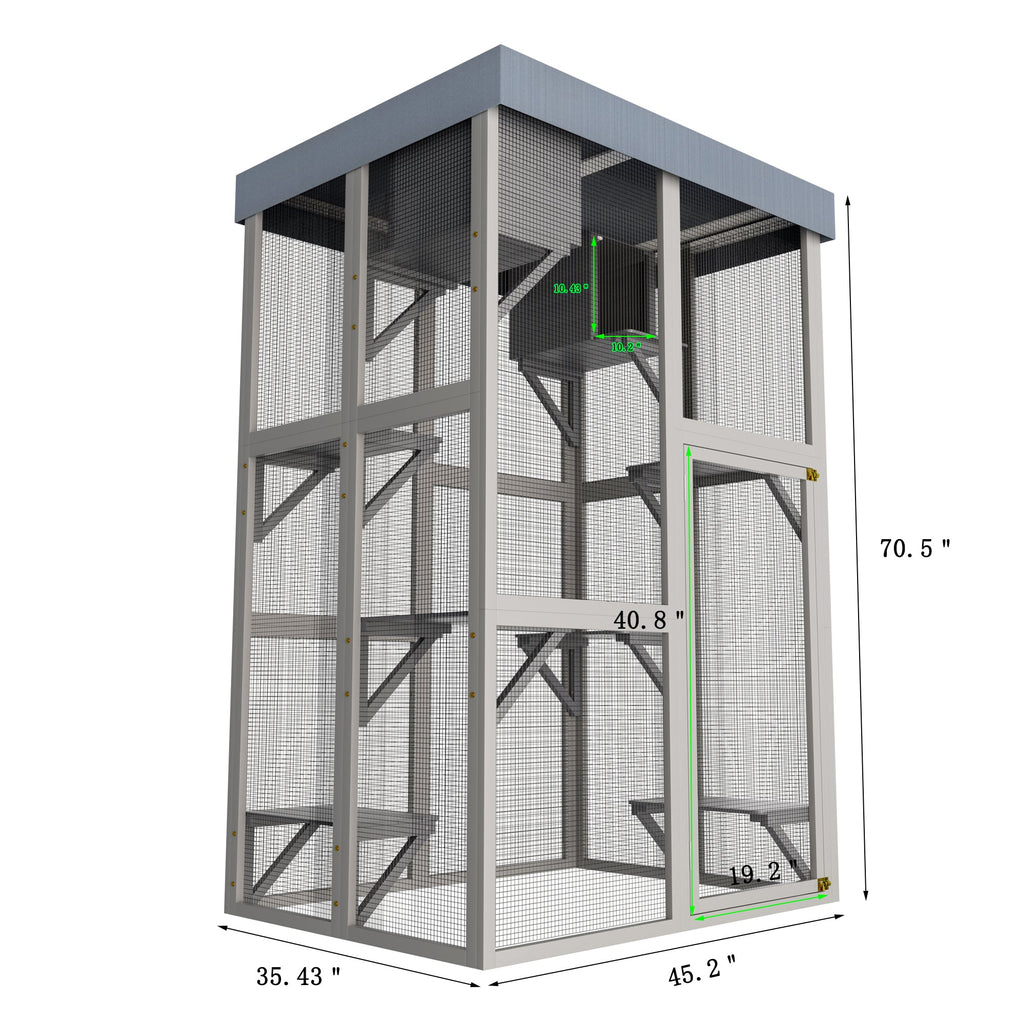 70.5＂ Tall Wooden Catio Outdoor Cat Enclosure, Gray Cat House Large Solid Wood Cage Playpen with 6 Jumping Platforms & 2 Napping Houses, Movable tarp cover
