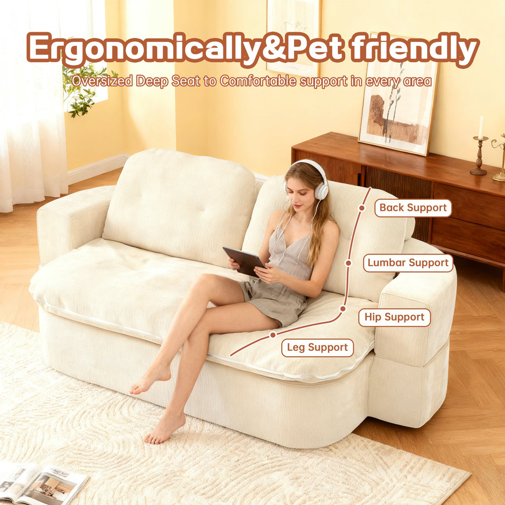Sofa Bed Floor Modern Chenille Cream No Assembly 2 Pillows 78.7 In