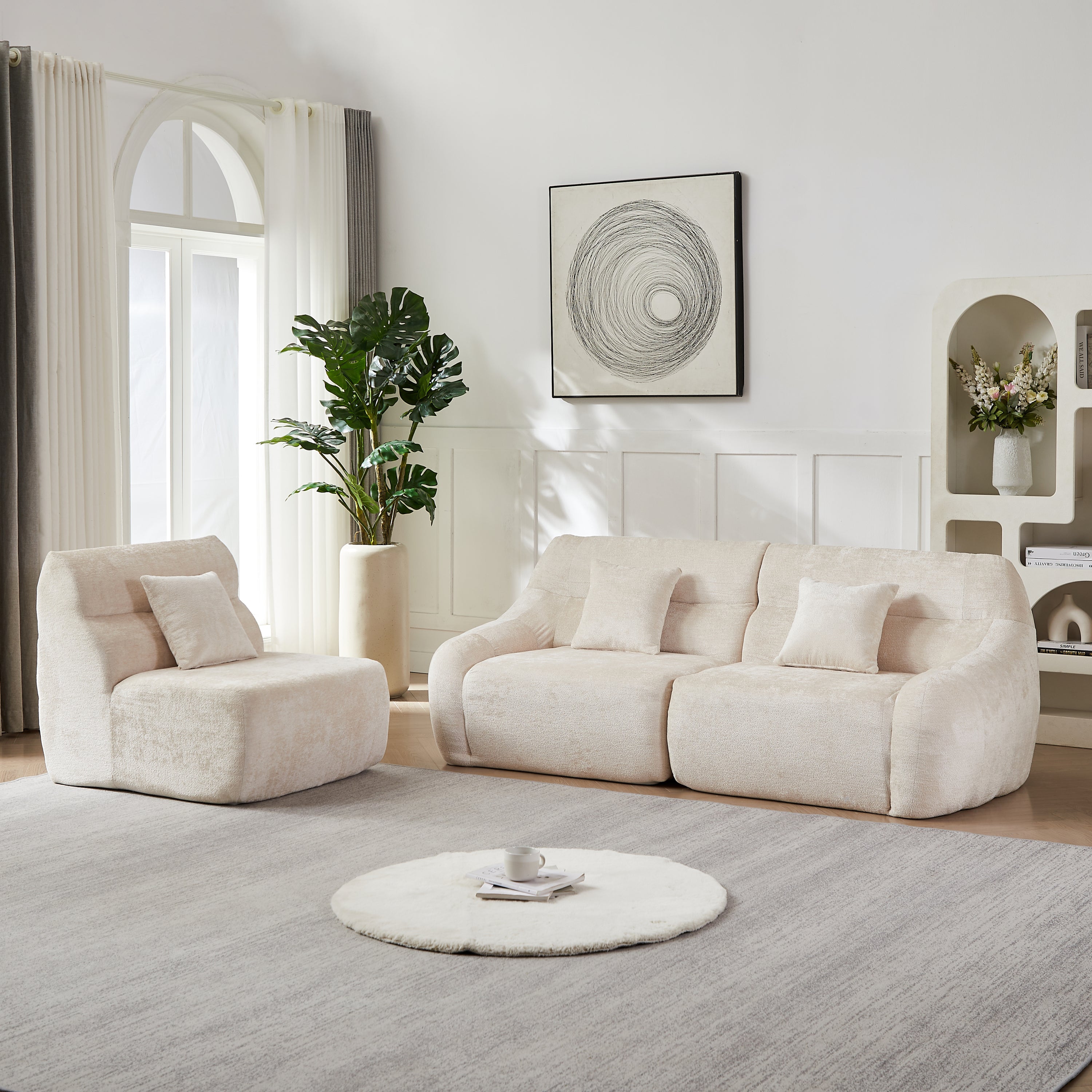 Sectional Sofa Curved Modular Chenille Beige 4 Seat 900 LB No Assembly