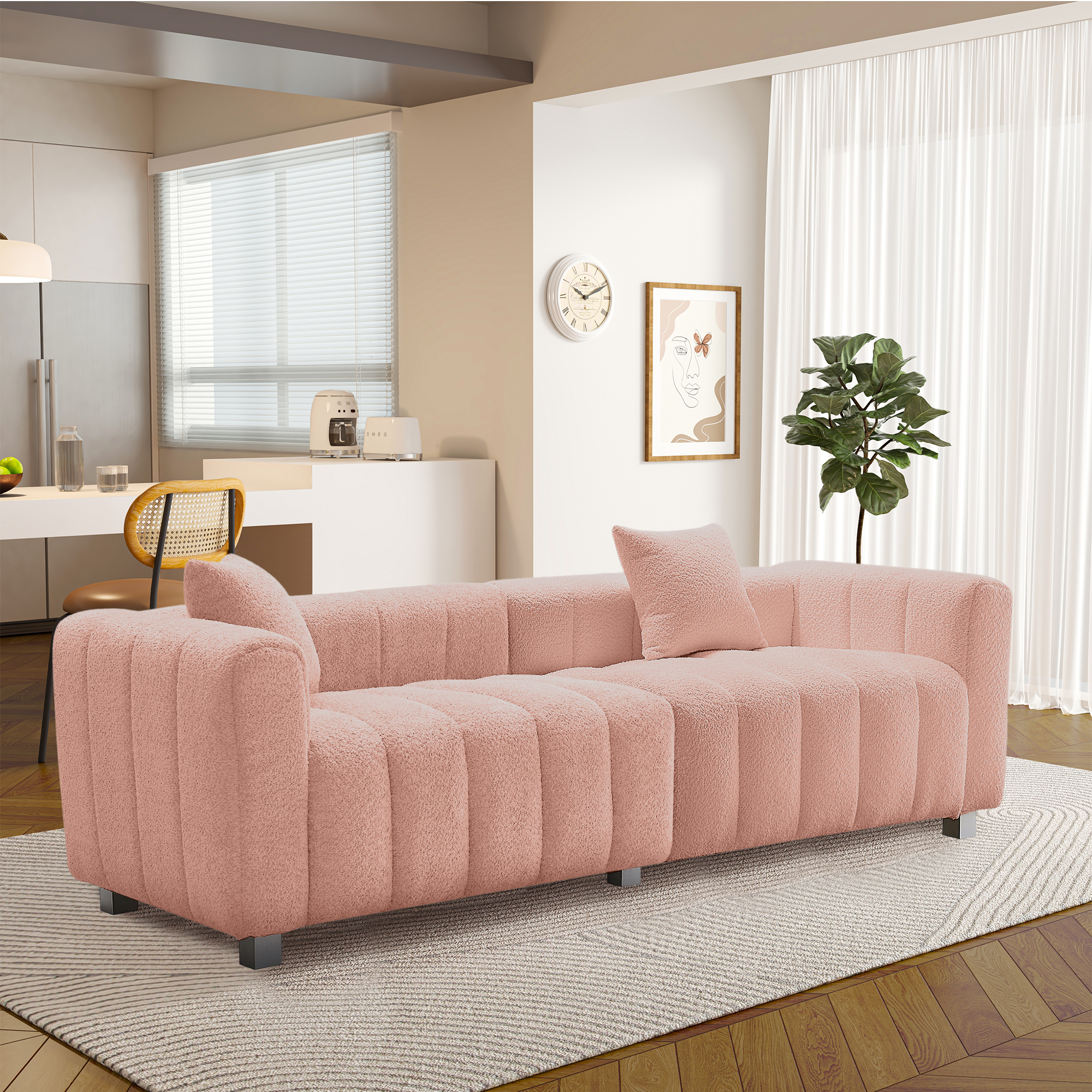 Sofa Modular Velvet Teddy Pink 3 Seat Metal Legs 87 In 750 LB