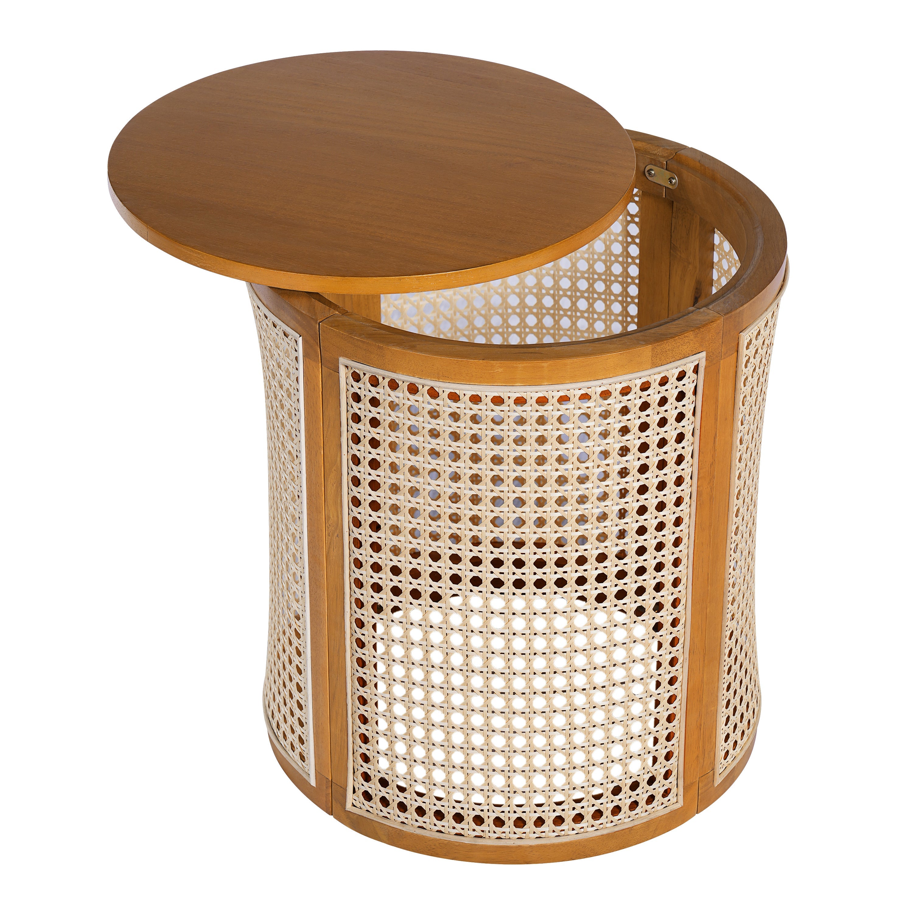 15.70' Round End Table, Hollow Woven Side Table, Small Rubber Wood Nightstand,