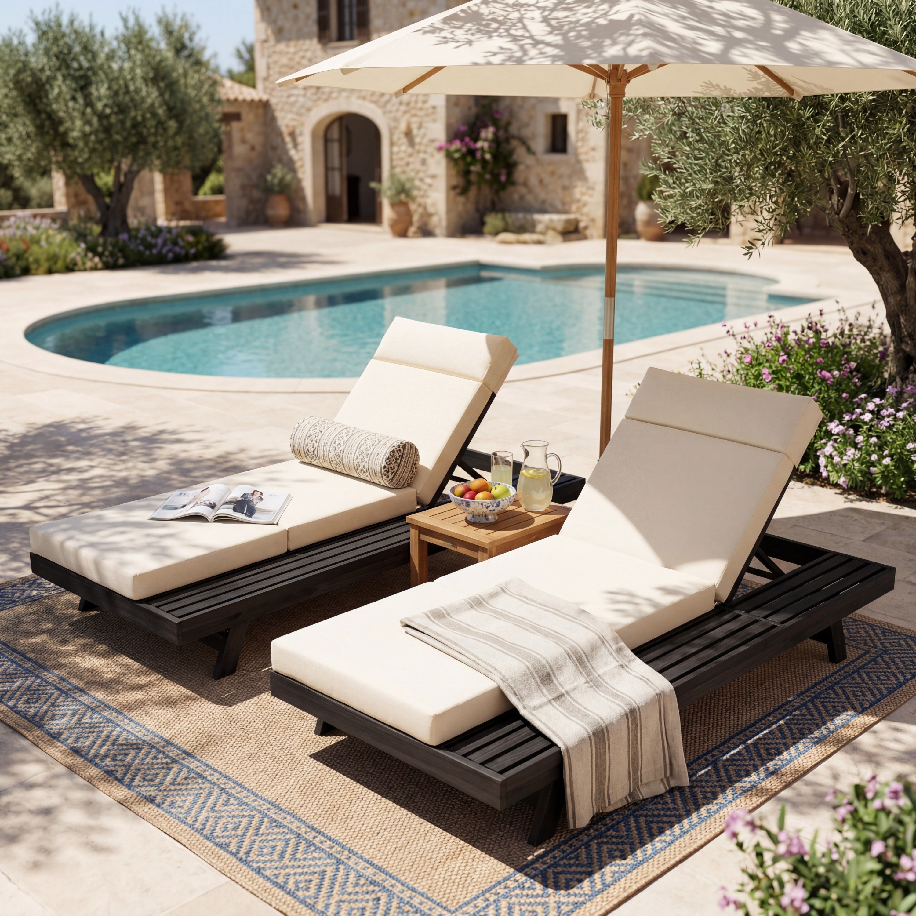 Chaise Lounge Acacia Wood Black 4-Position Cream Cushion 79in
