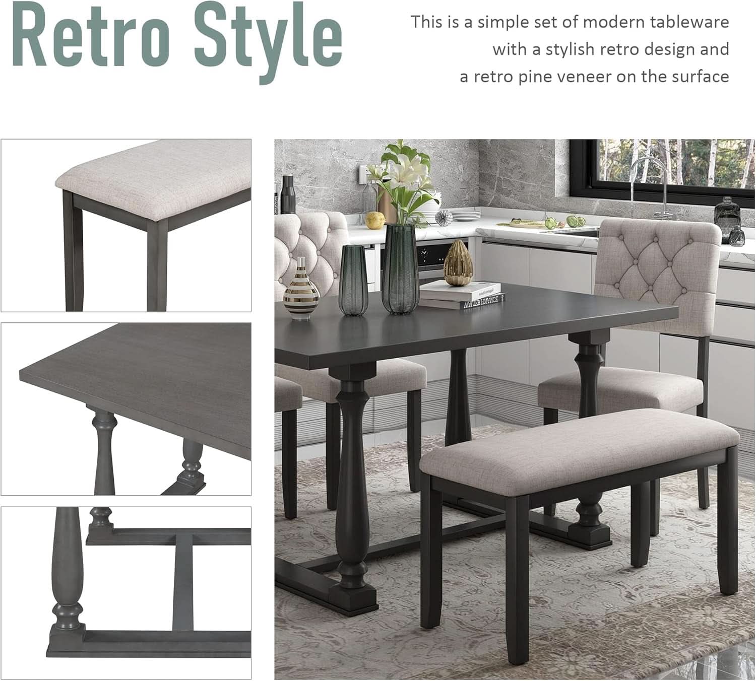Six Person Premium Solid Wood Dining Table Set Bench