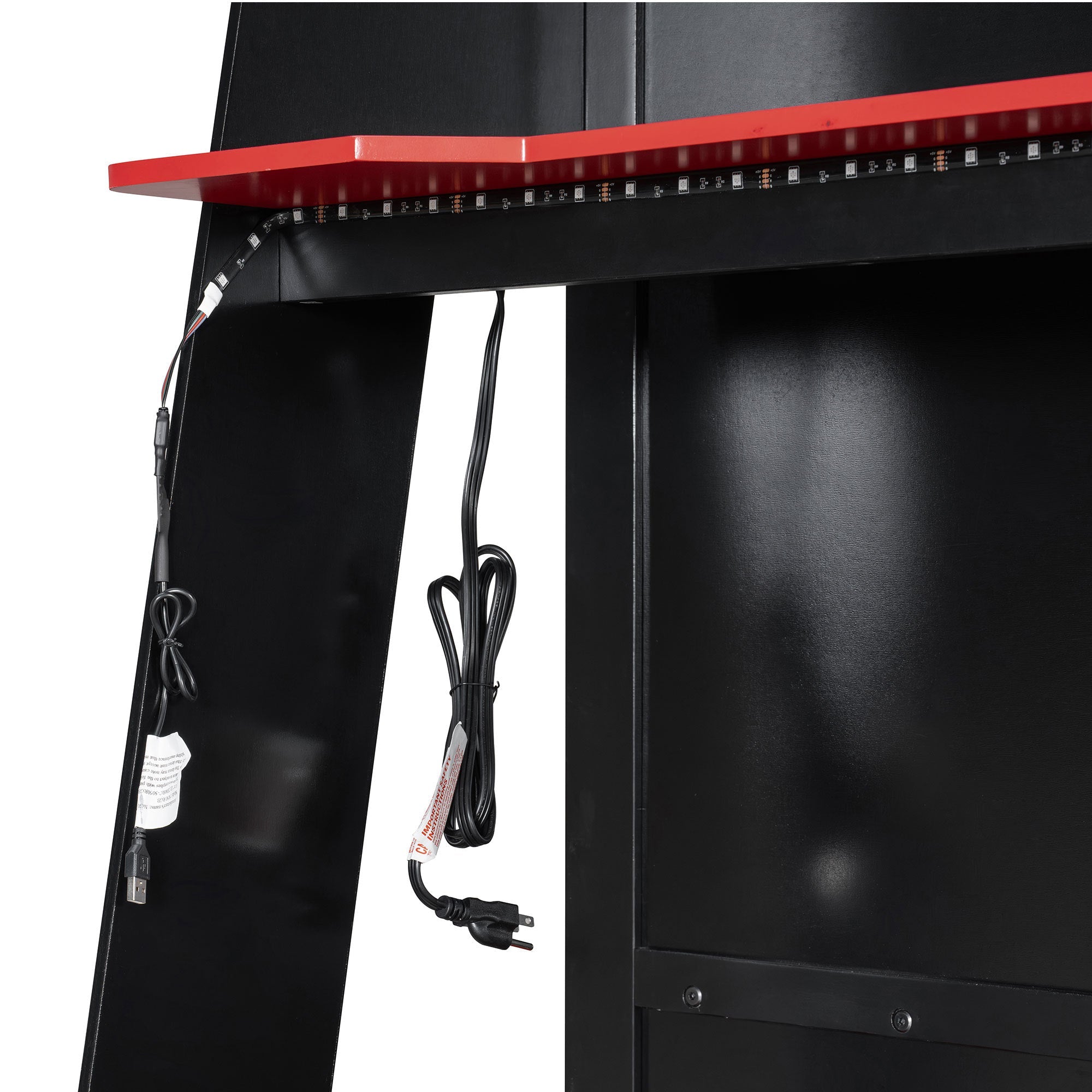 Twin Size Wood Loft Bed with Desk, Multi-storage Shelves and RGB Light, Red