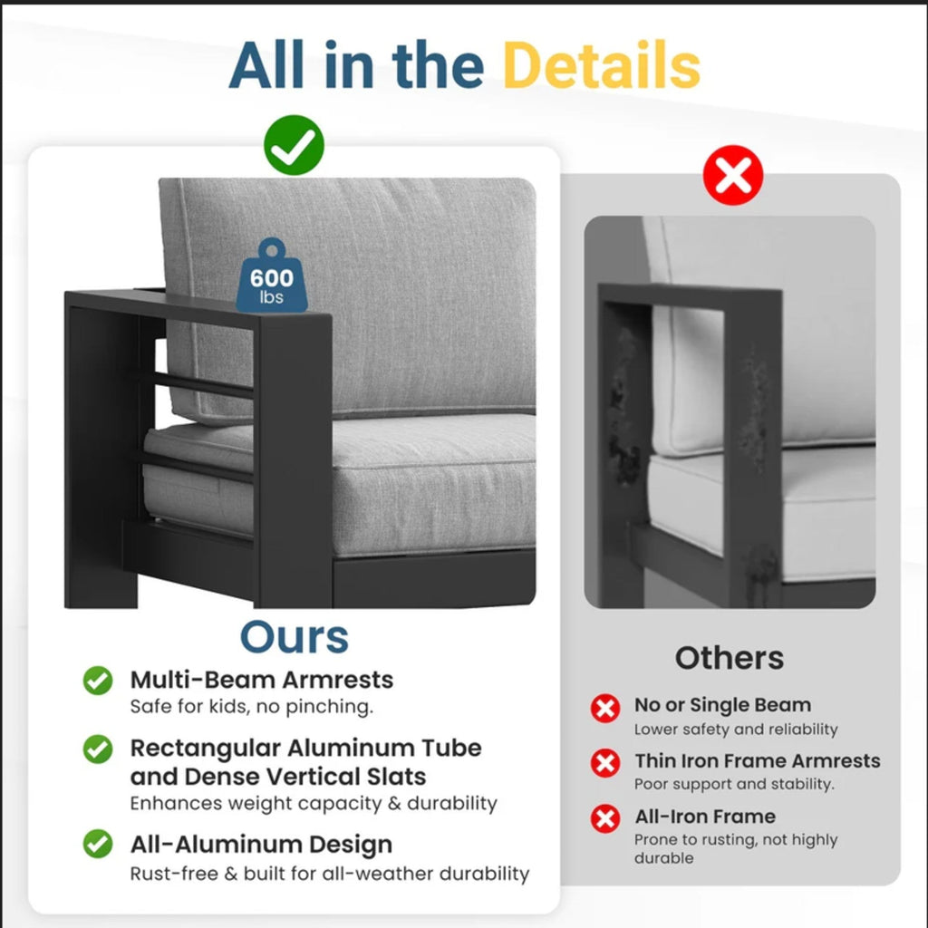 Outdoor Armchair Aluminum Black Gray Cushion 300 lb Set of 2 28in Wide