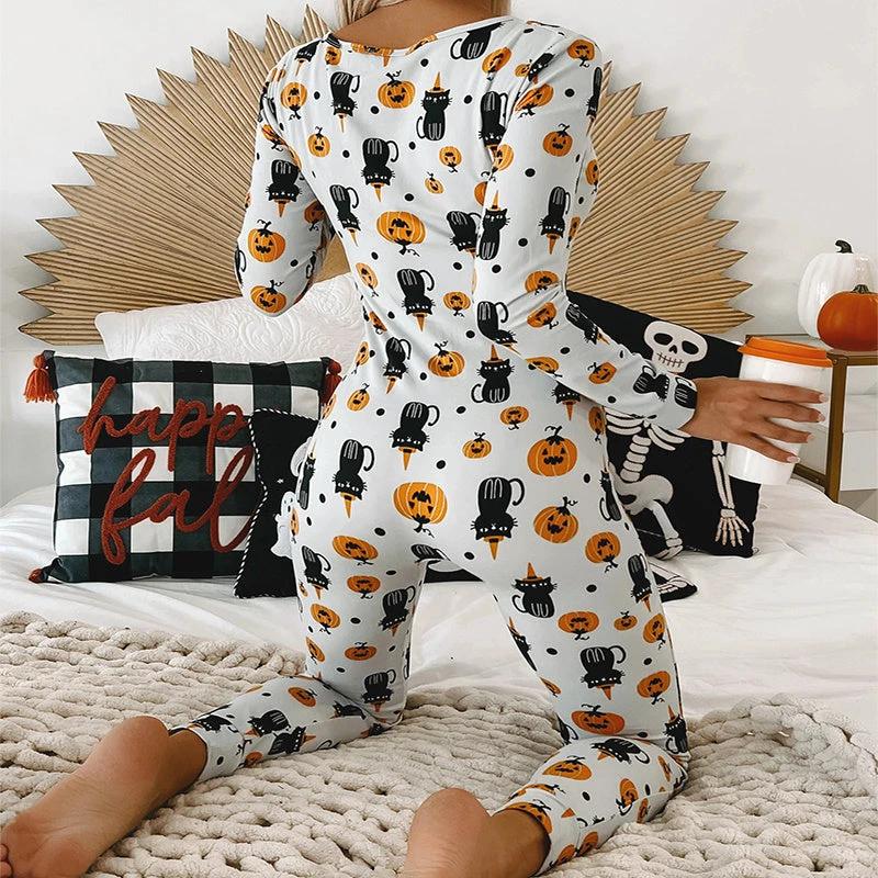 Halloween Printed Jumpsuit - Long Sleeve Home Pajamas