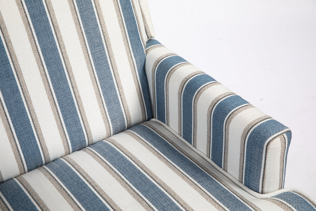 Accent Chair Vintage Striped Linen Blue White Nailhead Solid Wood Legs