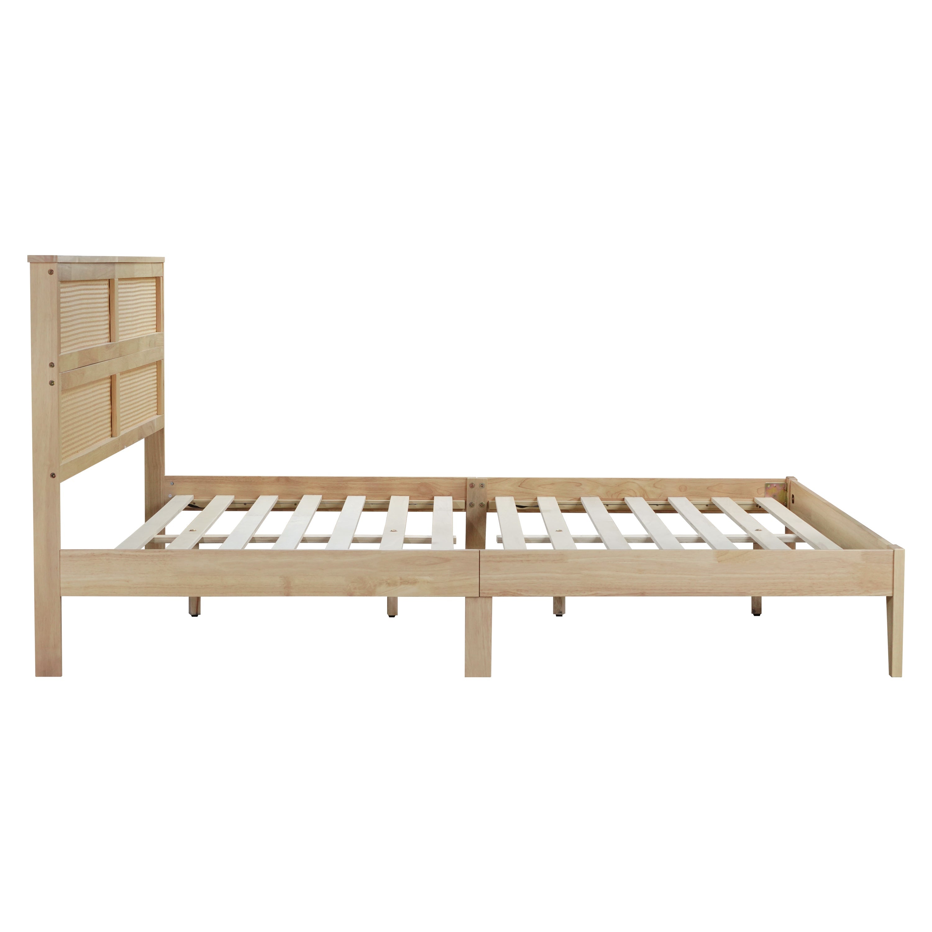 King Size Solid Wood Bed with Rattan Headboard, Rubber Wood Bed with Central