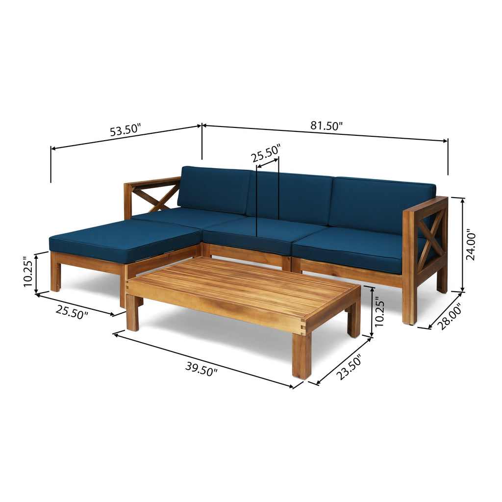 Outdoor Sectional Set Acacia Wood Teak Dark Blue Cushions 5 Piece Seats 4