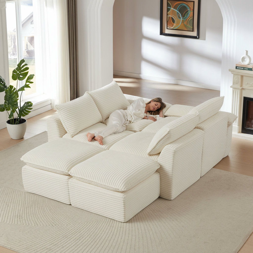 Sectional Sofa Cloud Modular Corduroy White 6 Seat 101 In Sponge Fill