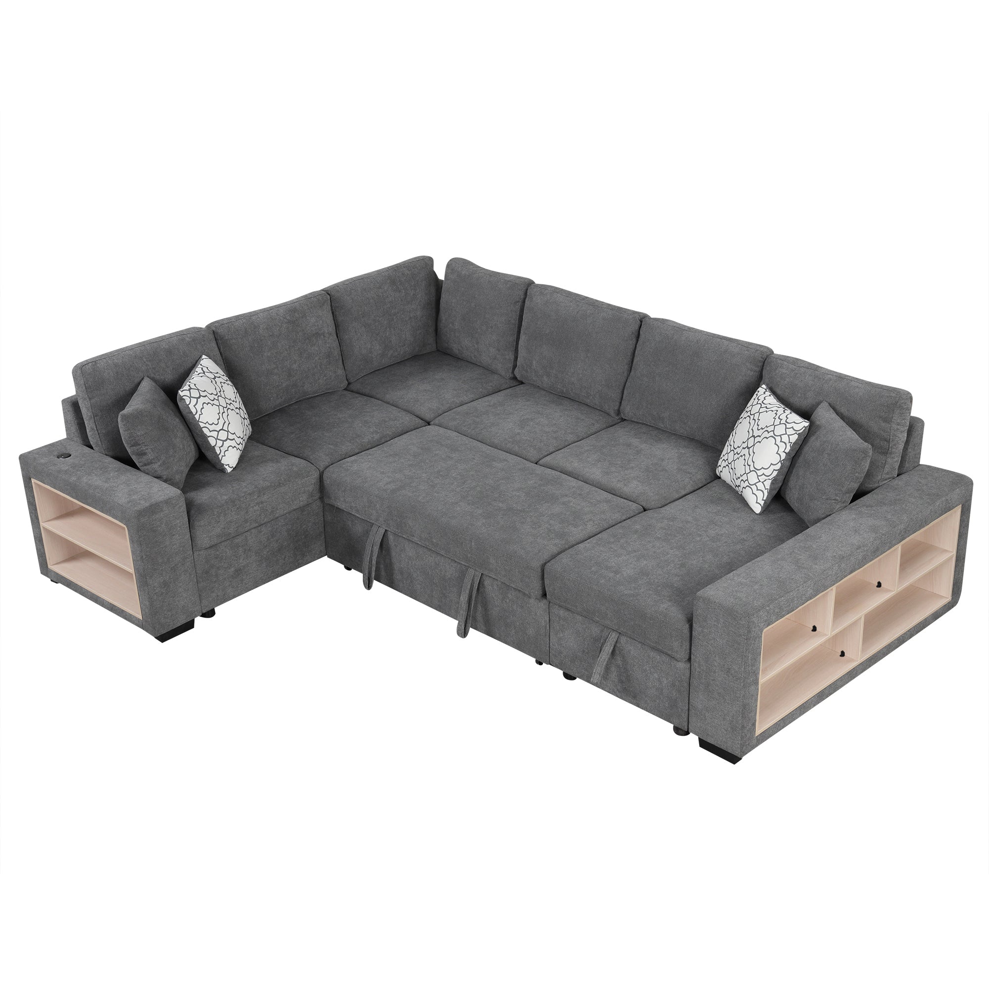 Sectional Sofa U-Shape Chenille Gray 5 Seat USB Ports Pull-Out 109 In