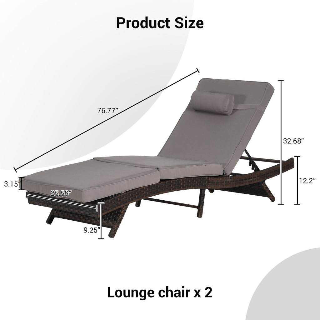 Outdoor Reclining Lounge Chair PE Rattan Dark Gray Set of 2