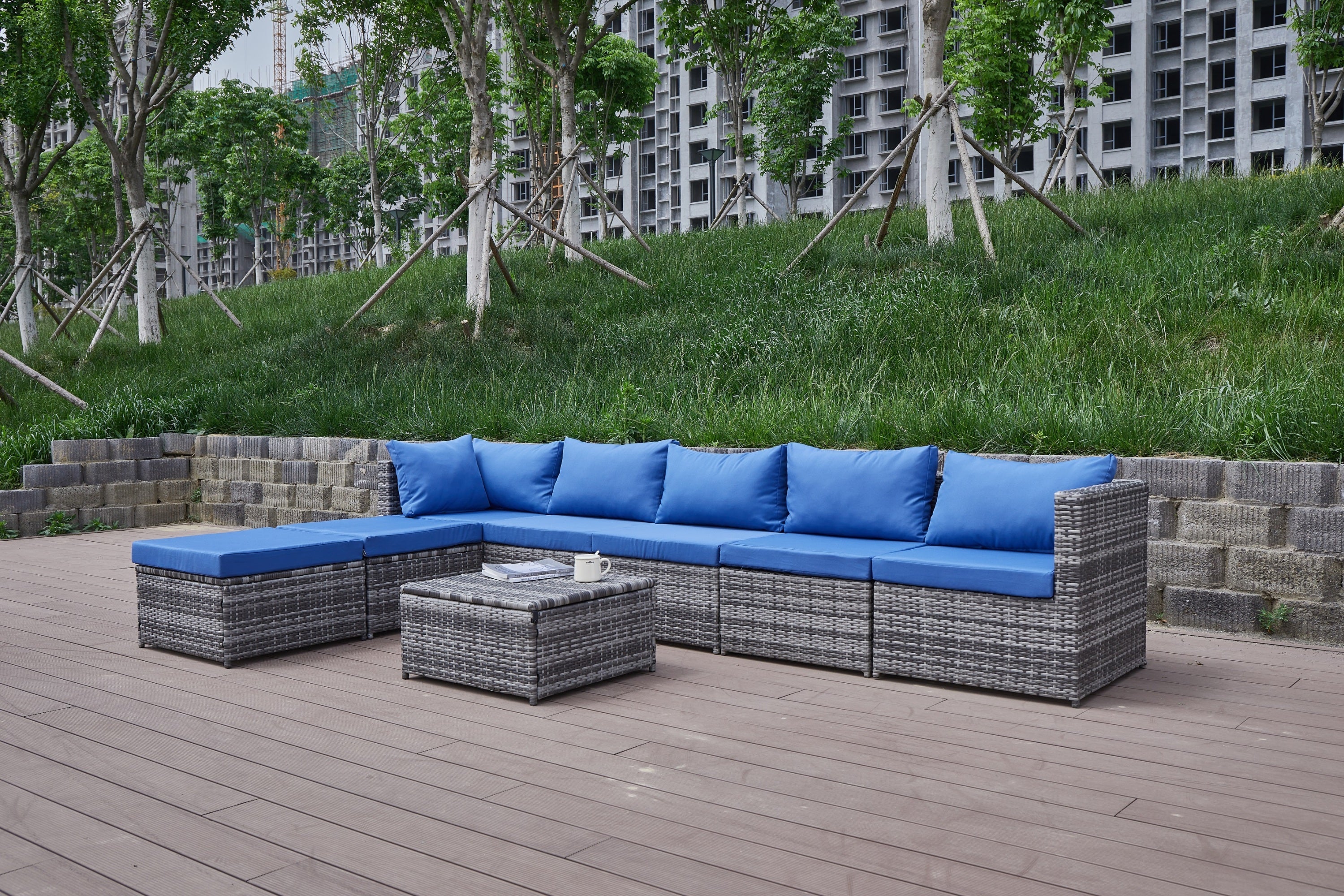 Outdoor Patio Sofa Set PE Rattan Blue Gray All Weather Steel Frame