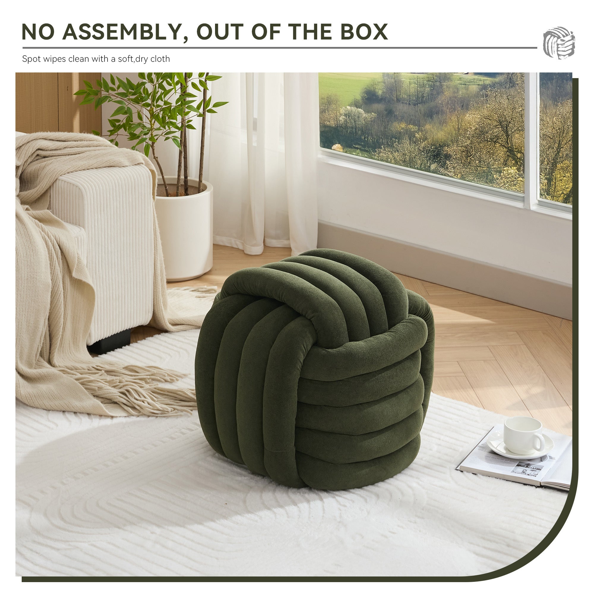 Chenille Knot Design Ottoman Makeup Stool Footstool, Green