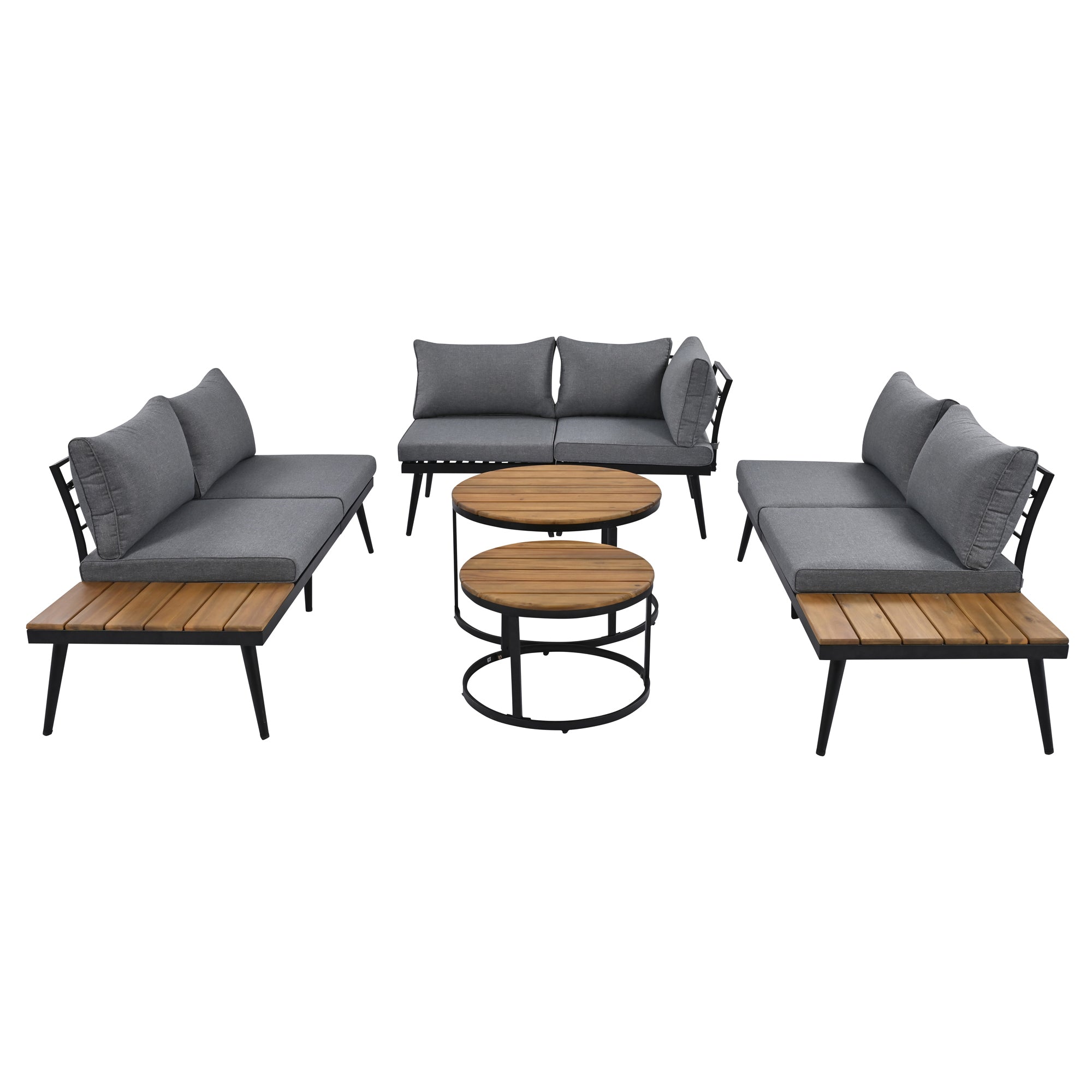 Outdoor Sectional Set Acacia Wood Steel Gray with Nesting Tables