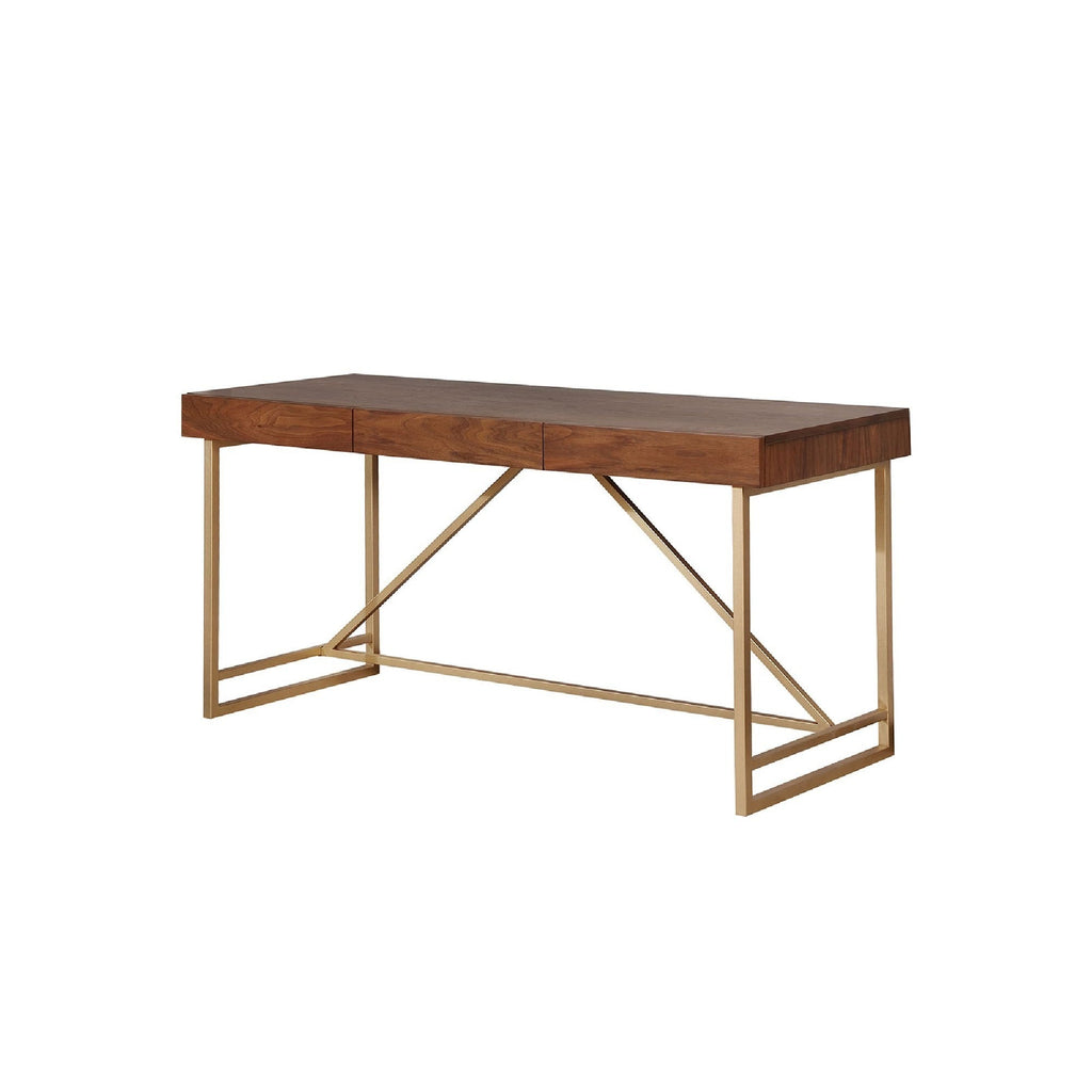 Writing Desk Modern Walnut Wood Gold Metal Legs 60x24x30 In