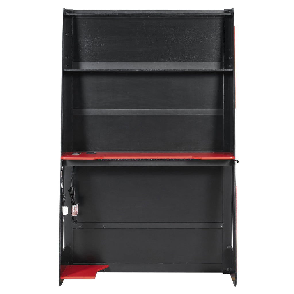 Twin Size Wood Loft Bed with Desk, Multi-storage Shelves and RGB Light, Red
