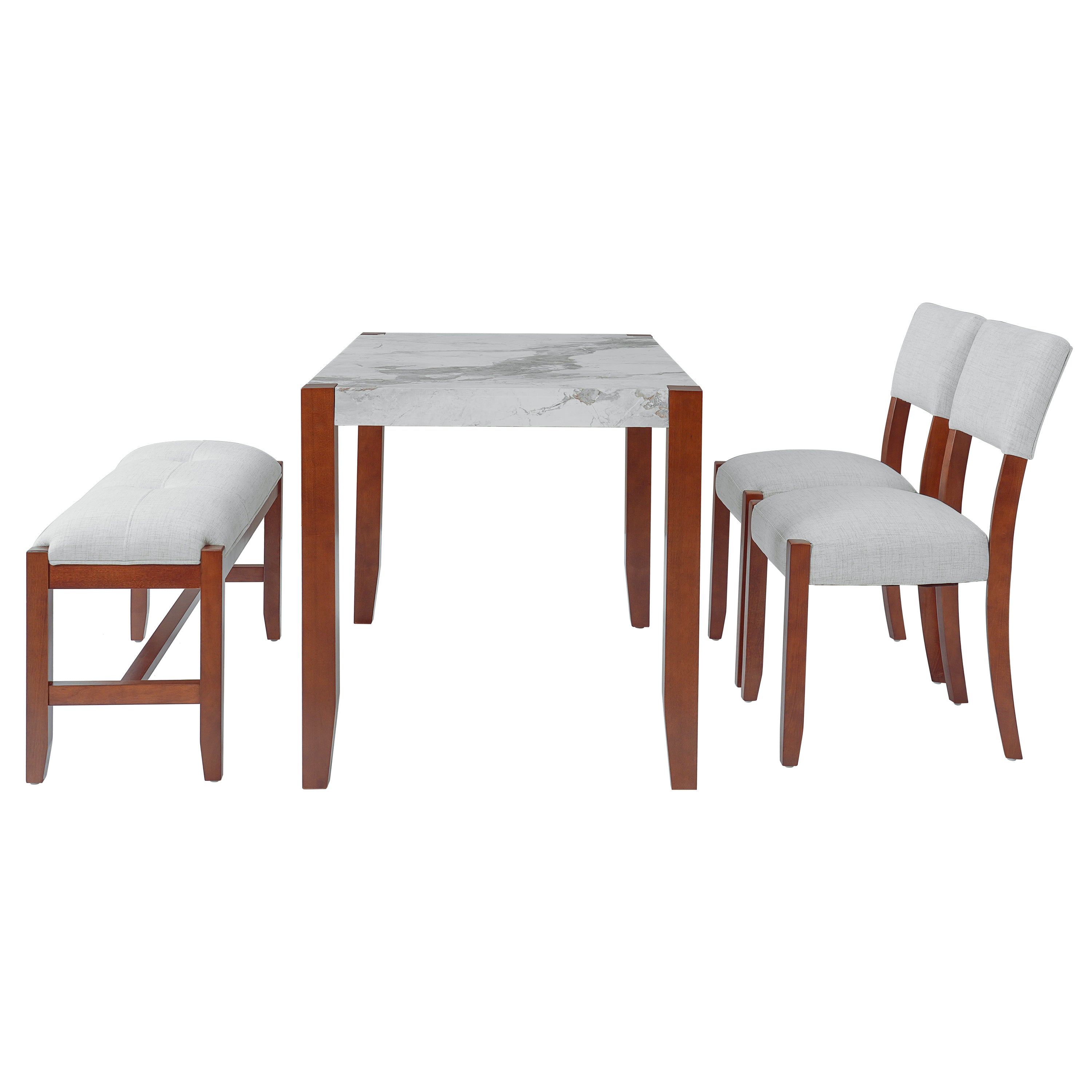 4-Piece Dining Set, 1 Marble-Look Table with 2 Upholstered Chairs and 1 Bench