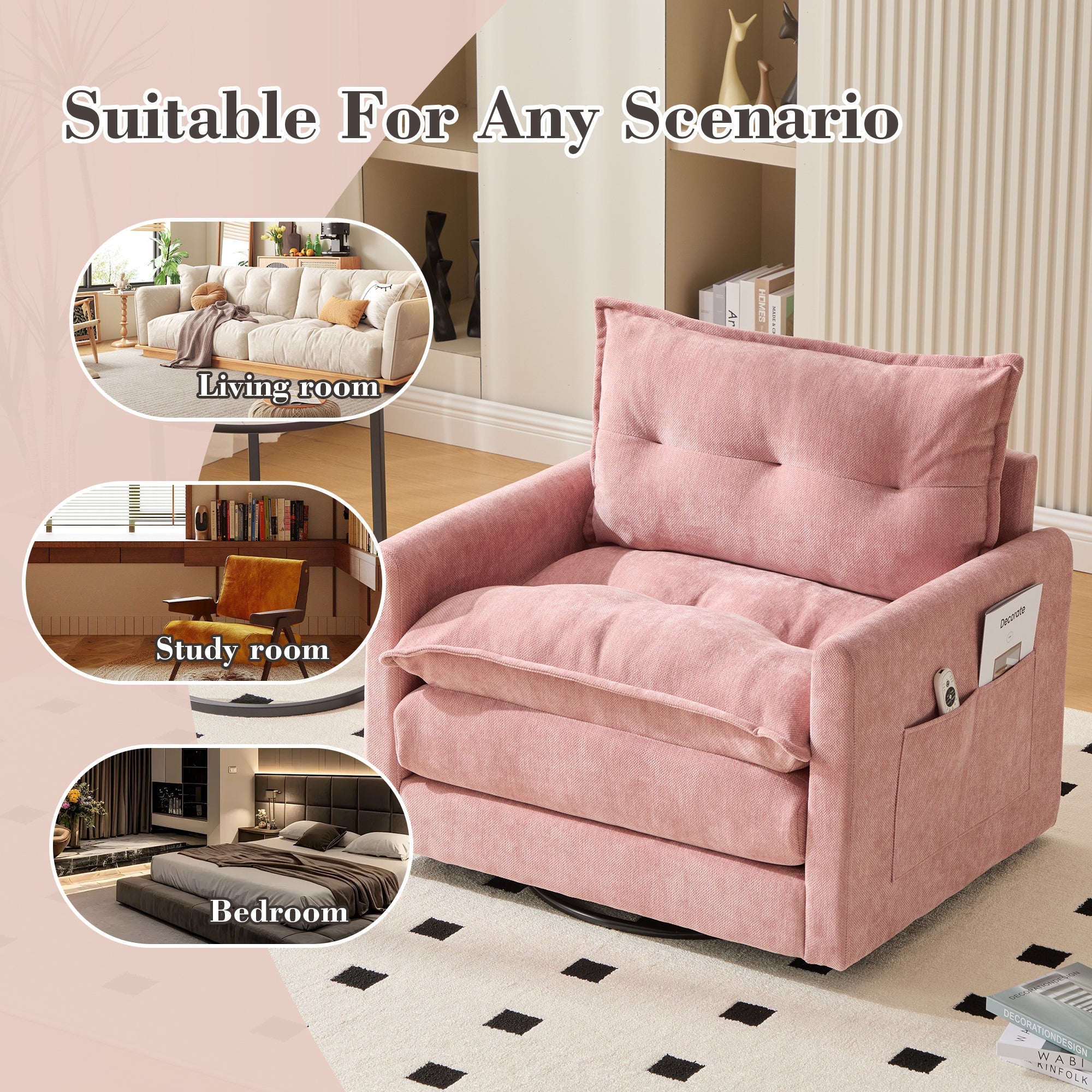 Accent Chair Swivel Barrel Chenille Pink Memory Foam