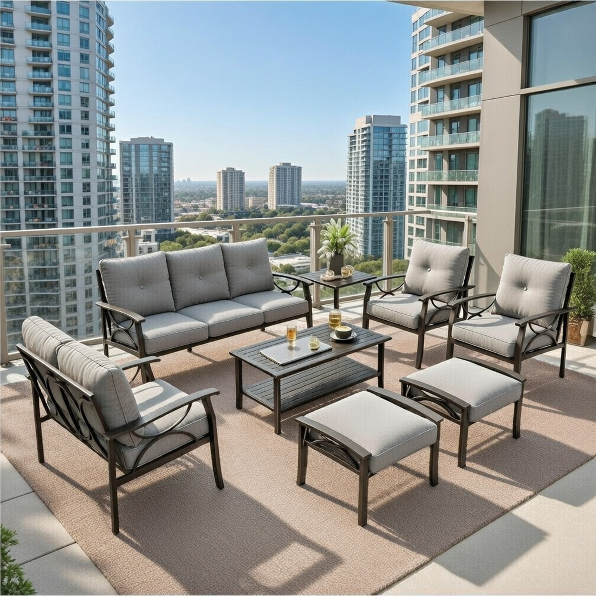Outdoor Patio Set Steel 8 Piece Seats 9 Khaki Gray