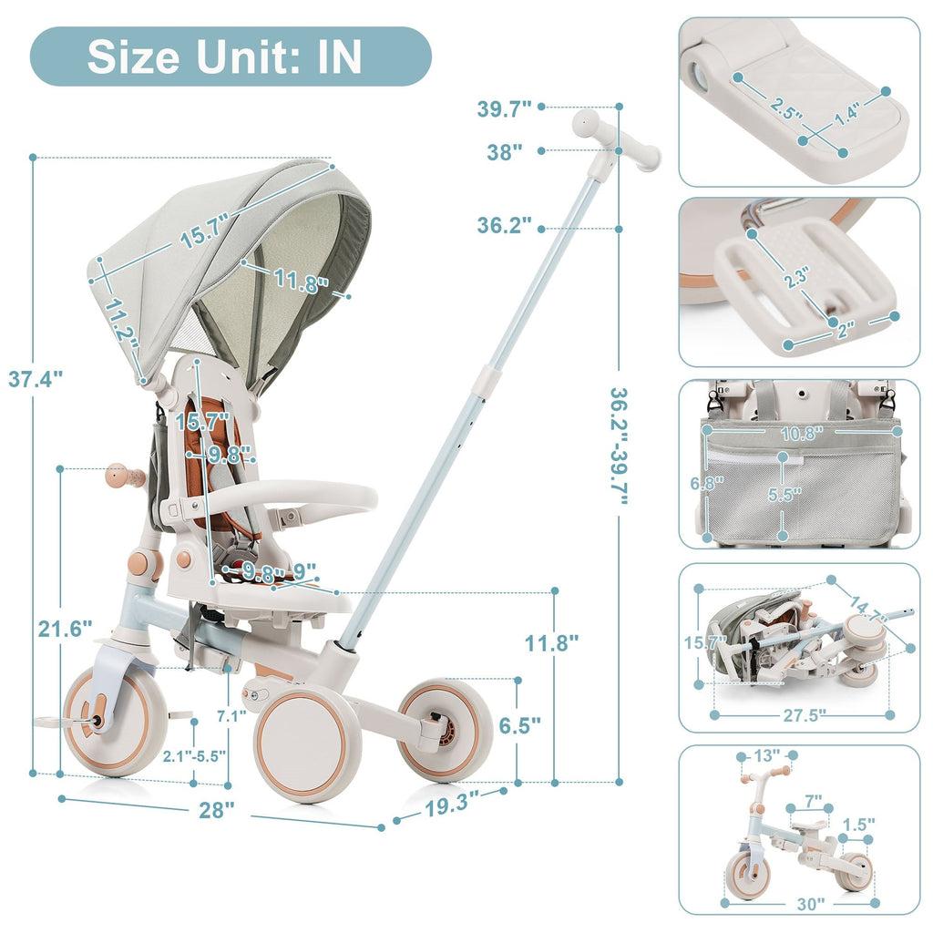 7 in 1 Baby Tricycle, Foldable Toddler Tricycle with Removable and Adjustable Parent Handle, Toddler Push Bike with Removable Pedal, Canopy, and Guardrail, Tricycle for 12-72 Months, blue