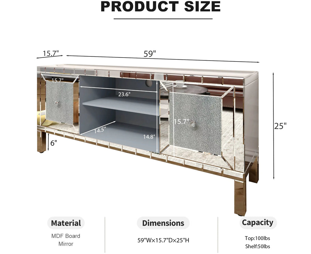 TV Stand Mirrored Crushed Diamond Glass Silver 59 In Fits 65 In TV
