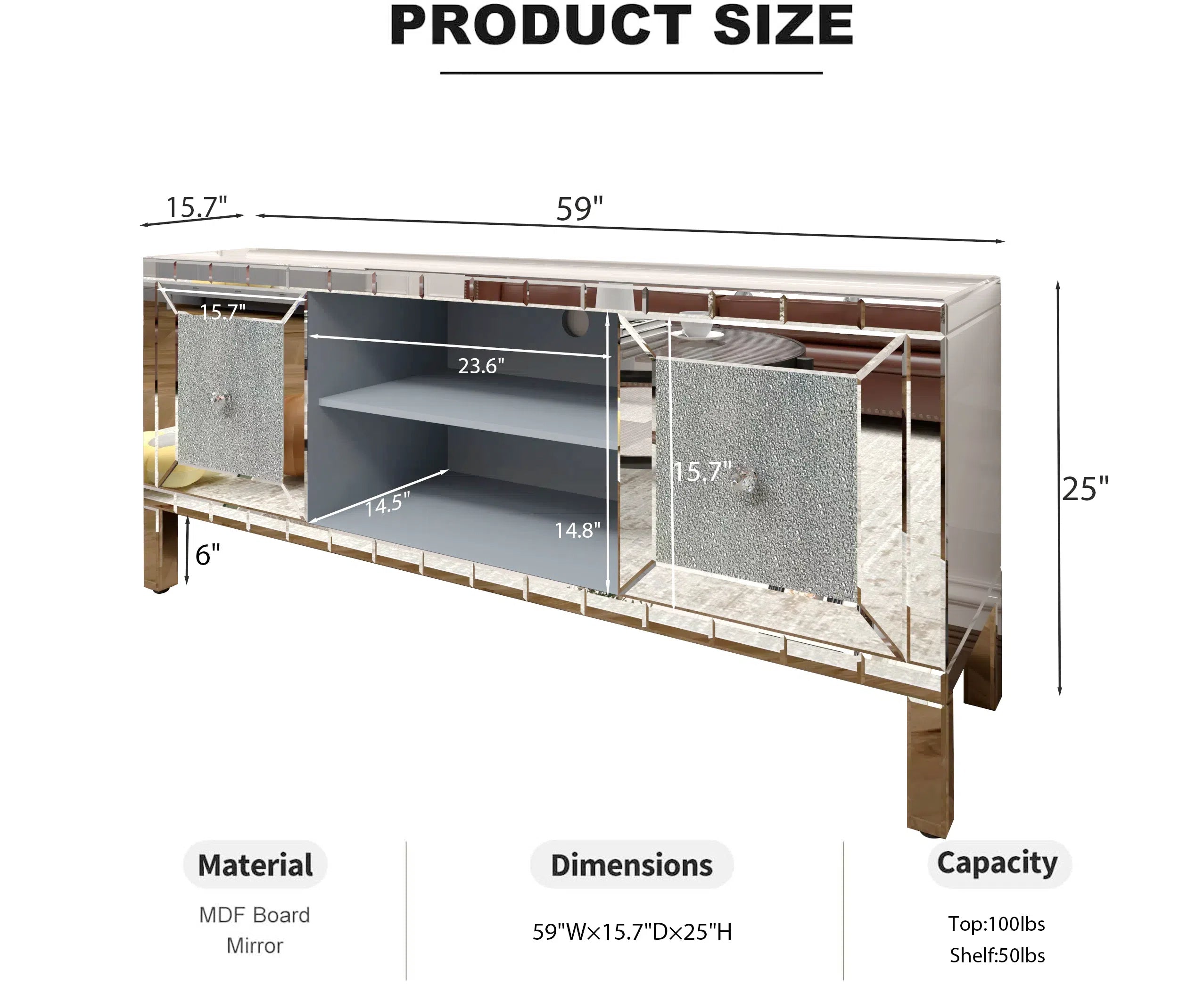 TV Stand Mirrored Crushed Diamond Glass Silver 59 In Fits 65 In TV