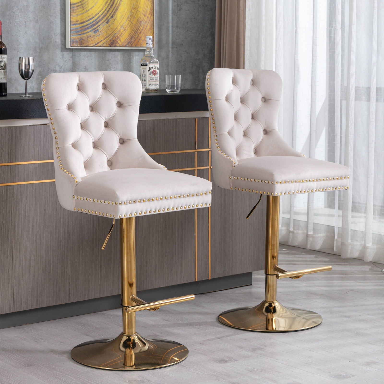 Thick Swivel Barstools Adjusatble Seat Height From 25-33", Modern Upholstered Bar Stools With Backs Comfortable Tufted For Home Pub And Kitchen Island (Set of 2)