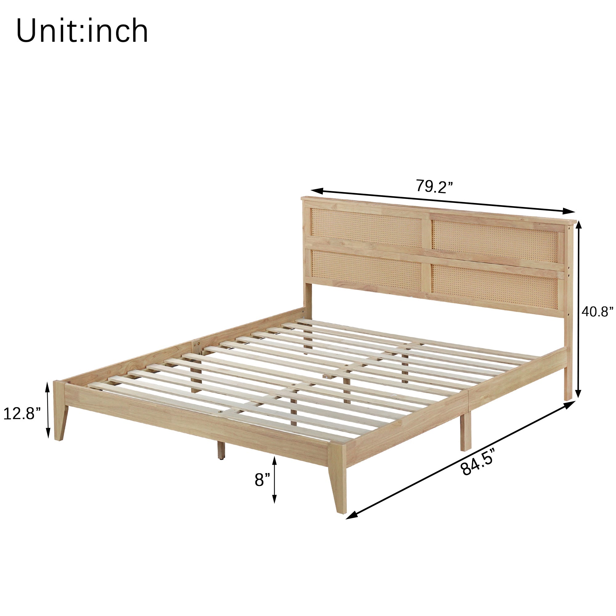 King Size Solid Wood Bed with Rattan Headboard, Rubber Wood Bed with Central