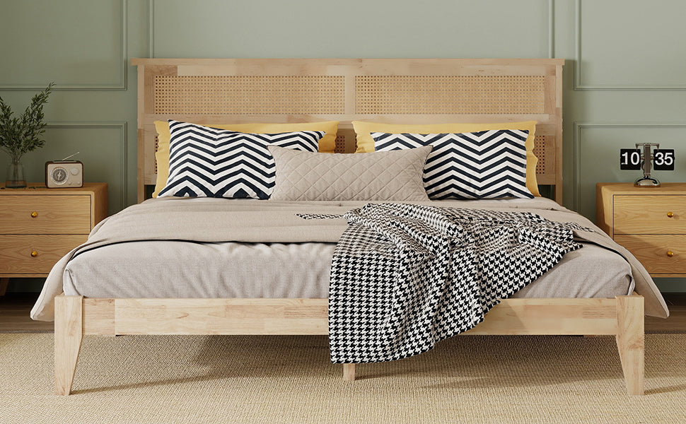 King Size Solid Wood Bed with Rattan Headboard, Rubber Wood Bed with Central